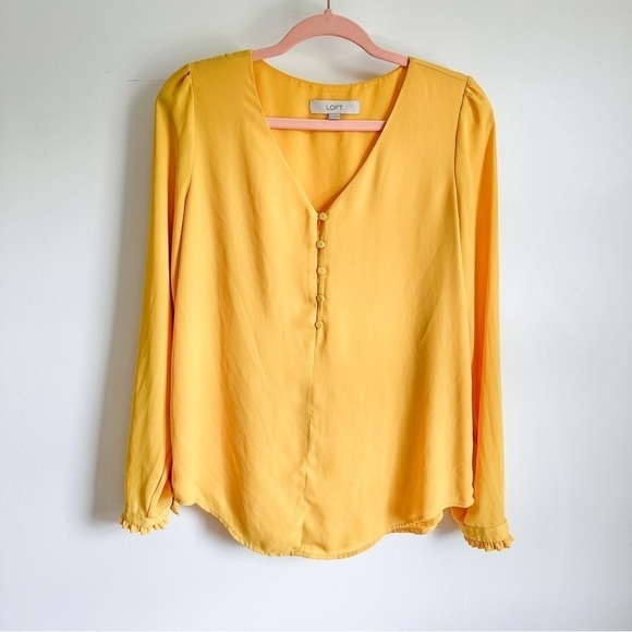 Loft Marigold Yellow Chiffon Ruffle Cuff Blouse Top sz Small - Picture 1 of 10